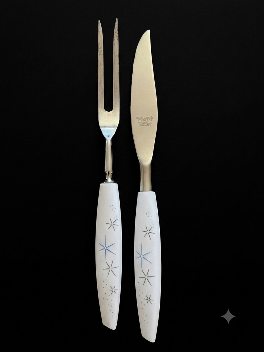 Vintage Mode Danish MCM Carving Set Knife Fork Atomic Starburst White Handles